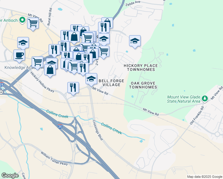 map of restaurants, bars, coffee shops, grocery stores, and more near 210 Hickory Forge Drive in Nashville