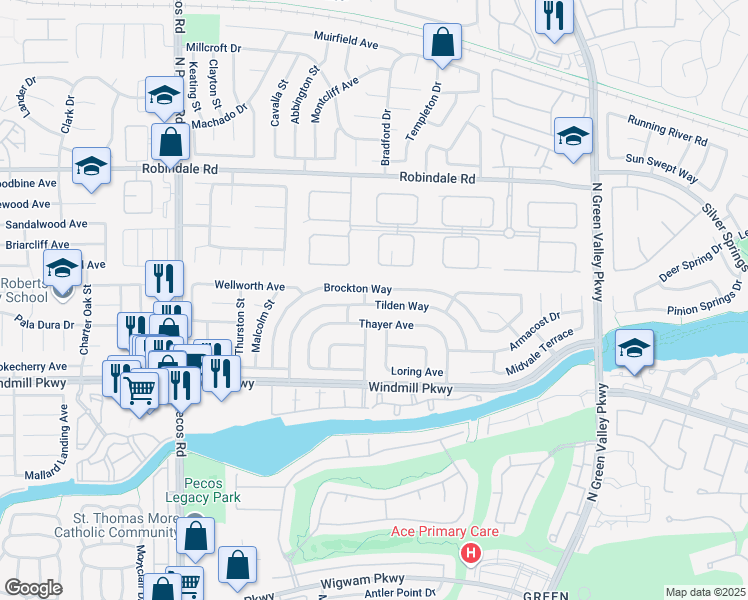 map of restaurants, bars, coffee shops, grocery stores, and more near 2360 Tilden Way in Henderson