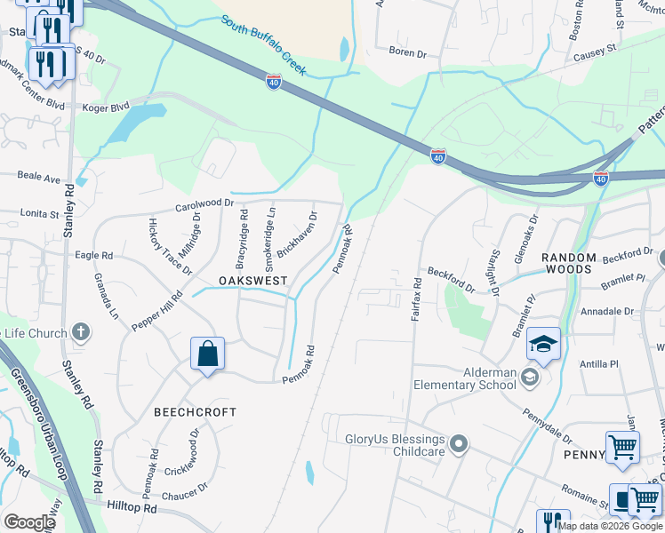 map of restaurants, bars, coffee shops, grocery stores, and more near 4622 Pennoak Road in Greensboro
