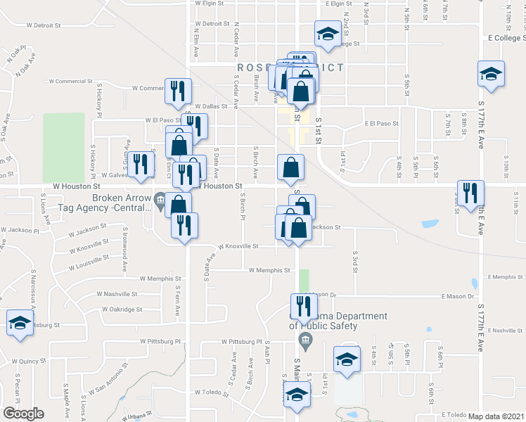 map of restaurants, bars, coffee shops, grocery stores, and more near 217 West Indianola Street in Broken Arrow