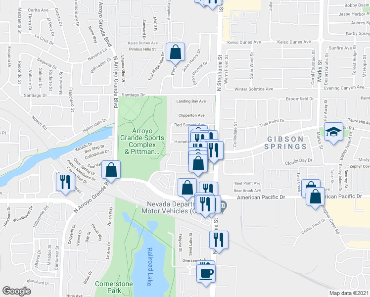 map of restaurants, bars, coffee shops, grocery stores, and more near 1424 Ozzie Smith Avenue in Henderson