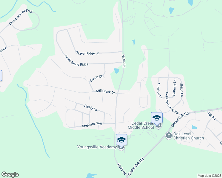 map of restaurants, bars, coffee shops, grocery stores, and more near 108 Mill Creek Drive in Youngsville