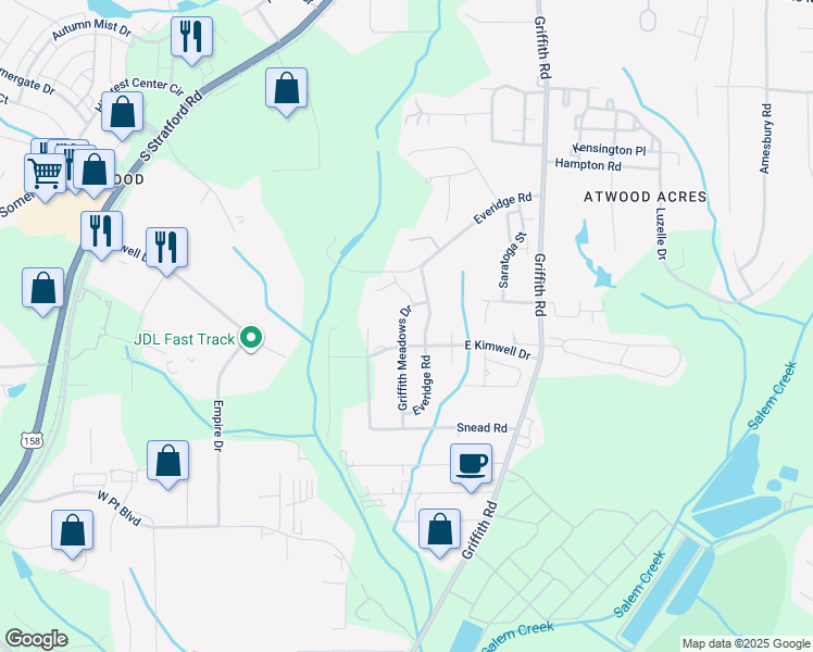 map of restaurants, bars, coffee shops, grocery stores, and more near 2463 Griffith Meadows Drive in Winston-Salem