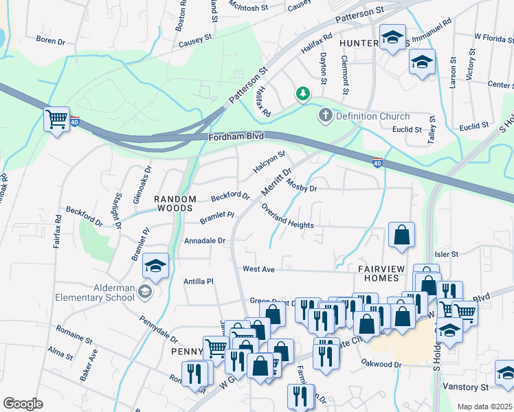 map of restaurants, bars, coffee shops, grocery stores, and more near 1901 Merritt Drive in Greensboro