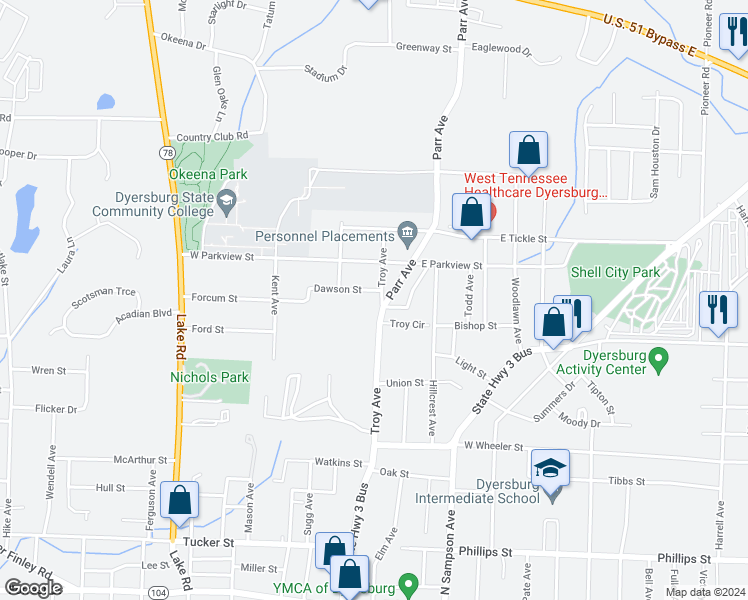 map of restaurants, bars, coffee shops, grocery stores, and more near 1305 Troy Avenue in Dyersburg