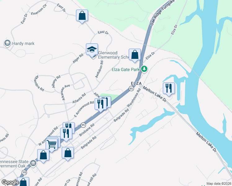 map of restaurants, bars, coffee shops, grocery stores, and more near 105 Arcadia Lane in Oak Ridge