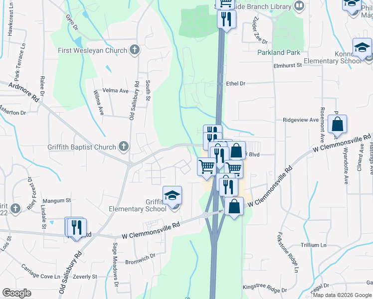 map of restaurants, bars, coffee shops, grocery stores, and more near 100 Dunwoody Road in Winston-Salem