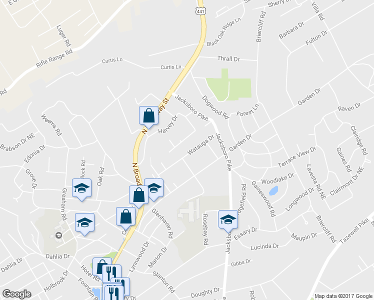 map of restaurants, bars, coffee shops, grocery stores, and more near 409 Watauga Drive in Knoxville