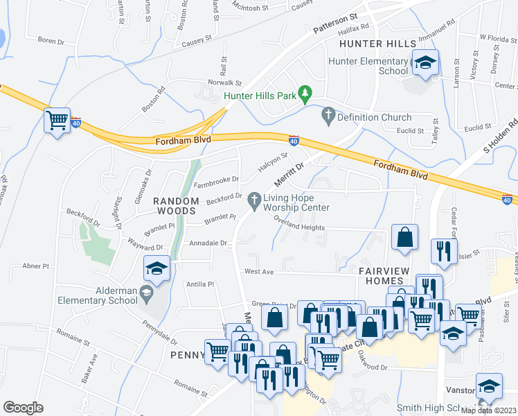 map of restaurants, bars, coffee shops, grocery stores, and more near 1901 Merritt Drive in Greensboro
