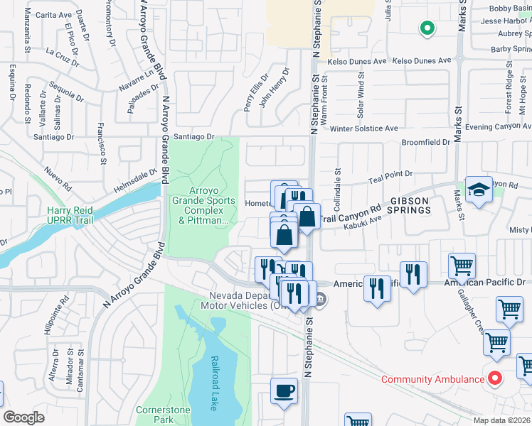 map of restaurants, bars, coffee shops, grocery stores, and more near 1434 Ozzie Smith Avenue in Henderson