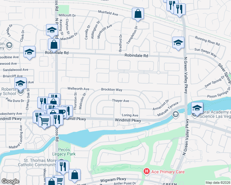 map of restaurants, bars, coffee shops, grocery stores, and more near 2360 Tilden Way in Henderson