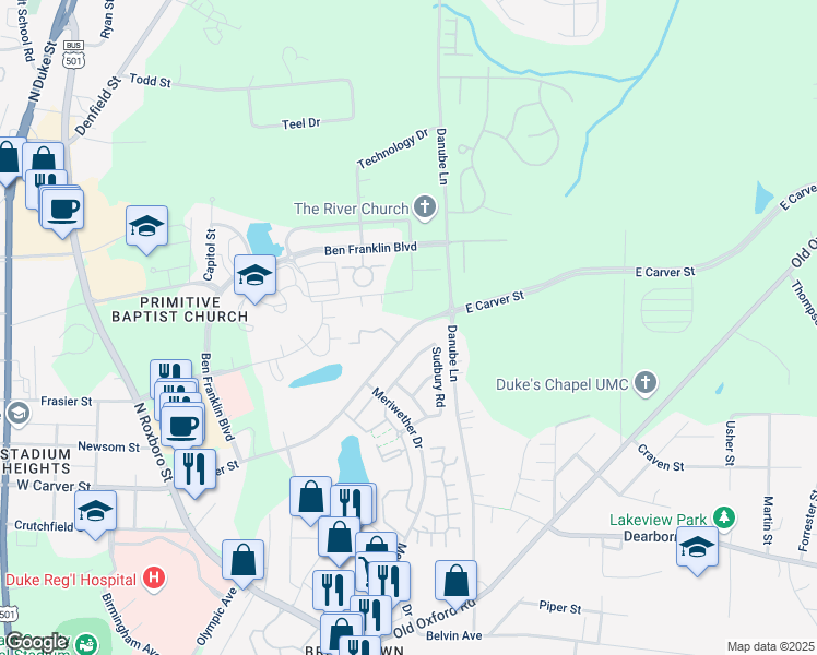 map of restaurants, bars, coffee shops, grocery stores, and more near 612 East Carver Street in Durham