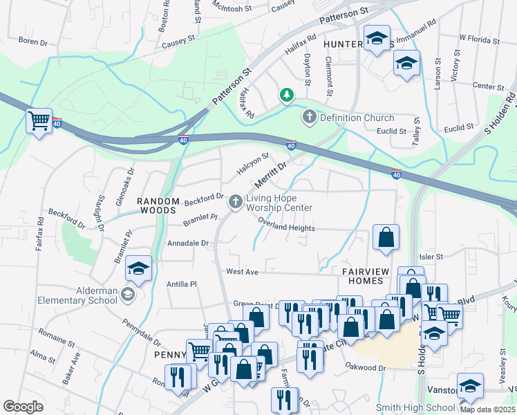 map of restaurants, bars, coffee shops, grocery stores, and more near 3938 Overland Heights in Greensboro