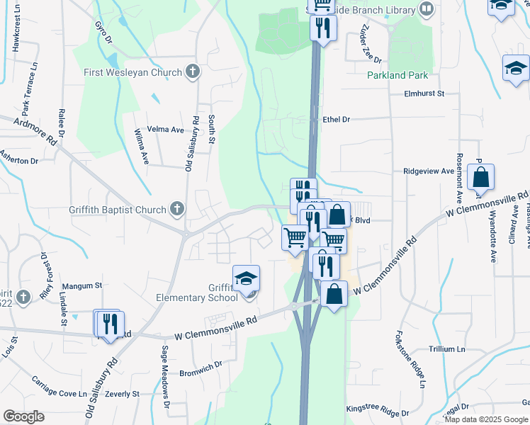 map of restaurants, bars, coffee shops, grocery stores, and more near 100 Dunwoody Road in Winston-Salem