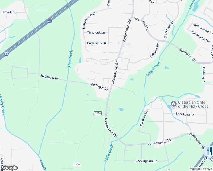 map of restaurants, bars, coffee shops, grocery stores, and more near 1427 Neville Gardens Lane in Winston-Salem
