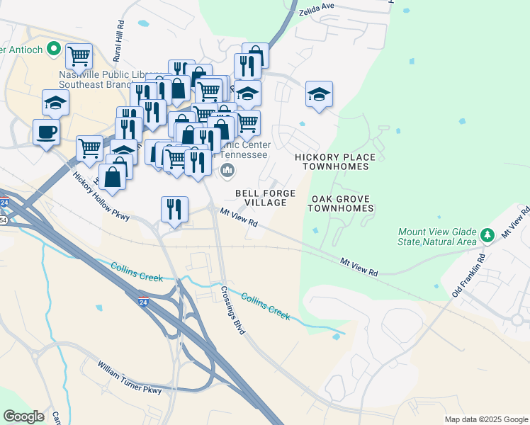 map of restaurants, bars, coffee shops, grocery stores, and more near 210 Hickory Forge Drive in Nashville