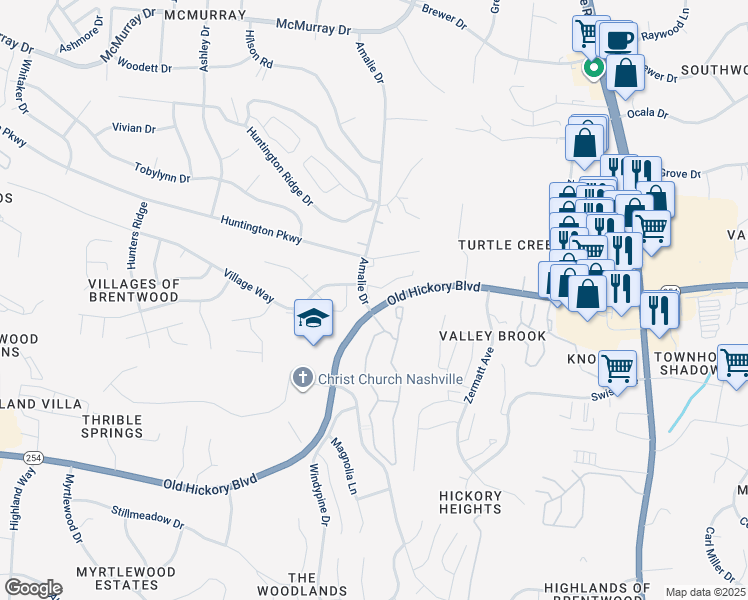 map of restaurants, bars, coffee shops, grocery stores, and more near 5758 Amalie Drive in Nashville