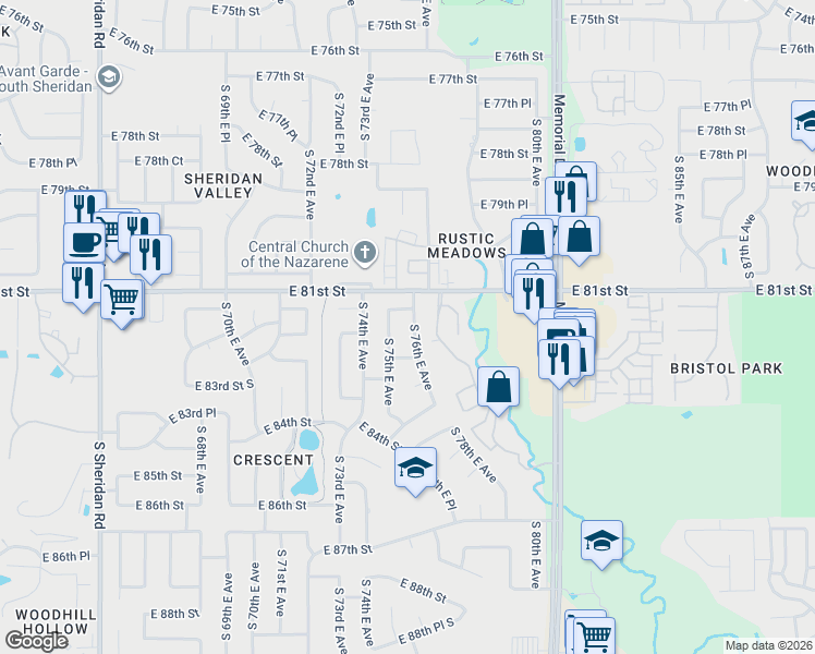 map of restaurants, bars, coffee shops, grocery stores, and more near 8138 South 76th East Avenue in Tulsa
