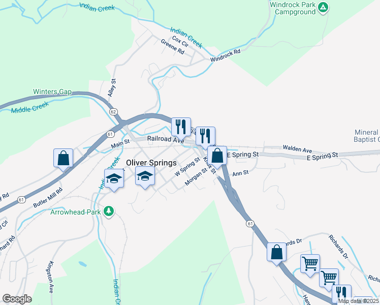 map of restaurants, bars, coffee shops, grocery stores, and more near 105 Roane Street in Oliver Springs