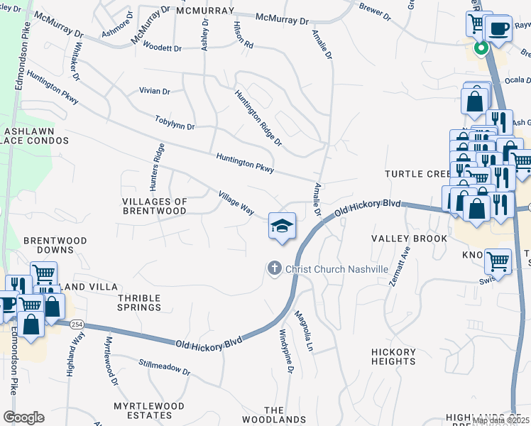 map of restaurants, bars, coffee shops, grocery stores, and more near 5216 Village Way in Nashville
