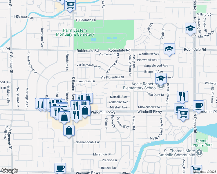 map of restaurants, bars, coffee shops, grocery stores, and more near 2807 Tulip Court in Henderson