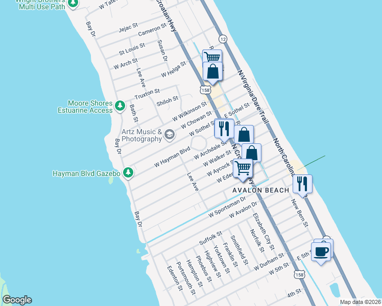 map of restaurants, bars, coffee shops, grocery stores, and more near 314 W Archdale St in Kill Devil Hills