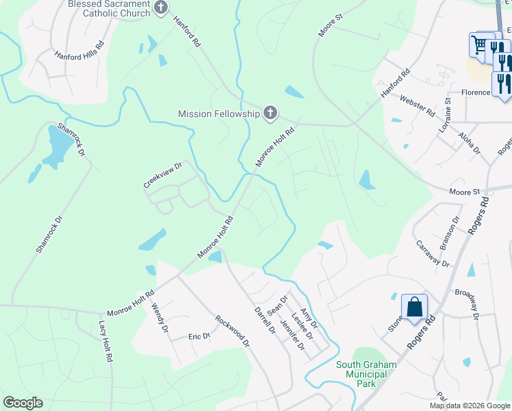 map of restaurants, bars, coffee shops, grocery stores, and more near 721 Aspenwood Drive in Graham