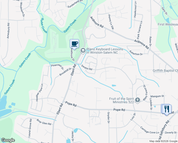 map of restaurants, bars, coffee shops, grocery stores, and more near 2048 Swaim Road in Winston-Salem