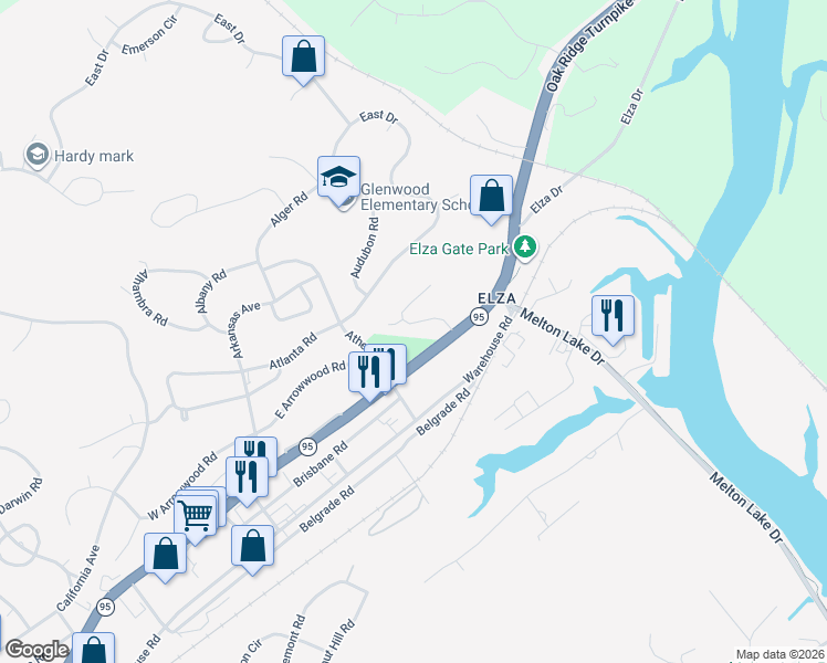 map of restaurants, bars, coffee shops, grocery stores, and more near 107 Arcadia Lane in Oak Ridge