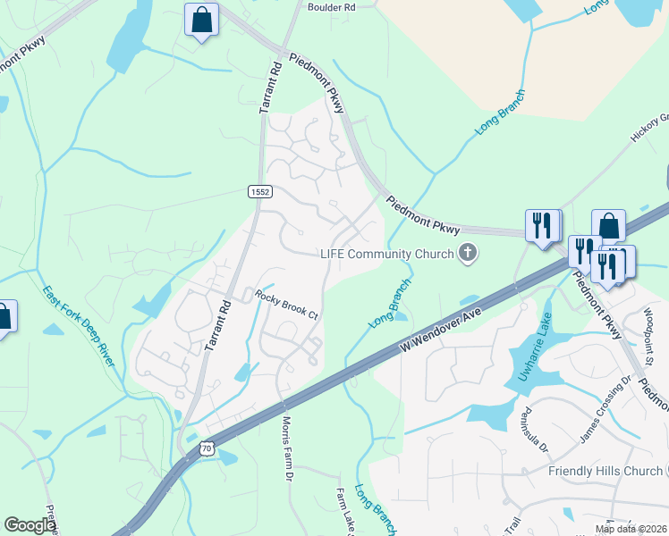 map of restaurants, bars, coffee shops, grocery stores, and more near 3801 Parkway Vista Drive in Greensboro