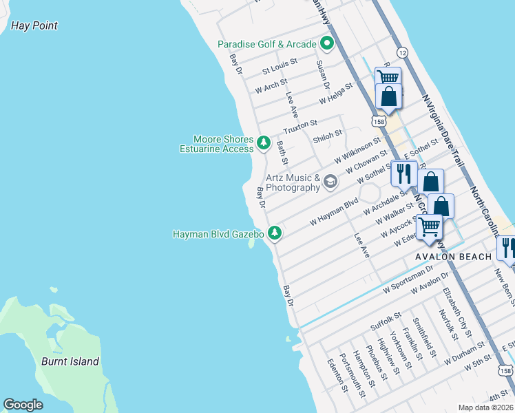 map of restaurants, bars, coffee shops, grocery stores, and more near 3014 Bay Drive in Kill Devil Hills