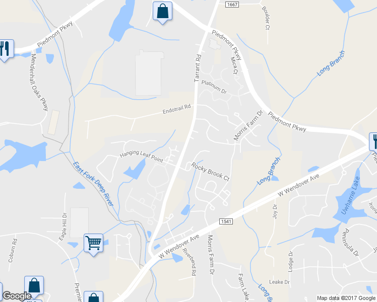 map of restaurants, bars, coffee shops, grocery stores, and more near 1225 Tarrant Road in Greensboro