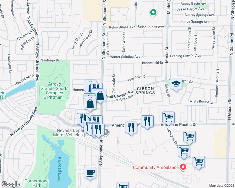 map of restaurants, bars, coffee shops, grocery stores, and more near 233 Leaf Bud Court in Henderson