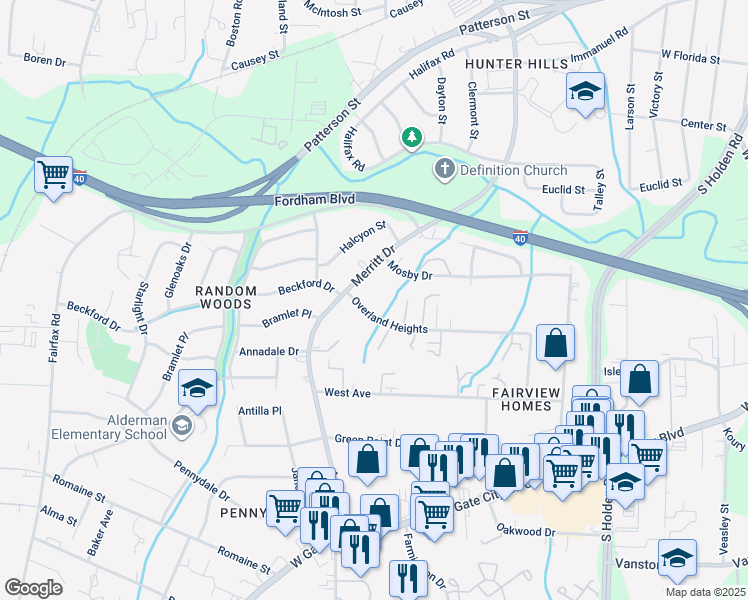 map of restaurants, bars, coffee shops, grocery stores, and more near 3940 Overland Heights in Greensboro