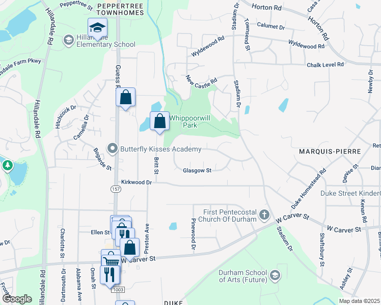 map of restaurants, bars, coffee shops, grocery stores, and more near 1615 Rowemont Drive in Durham
