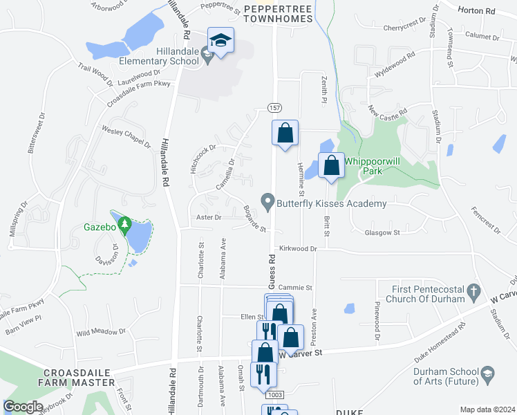 map of restaurants, bars, coffee shops, grocery stores, and more near 3634 Crystal Court in Durham