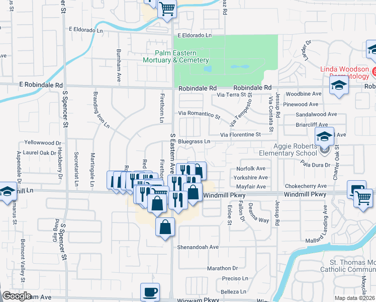 map of restaurants, bars, coffee shops, grocery stores, and more near 2975 Bluegrass Lane in Henderson