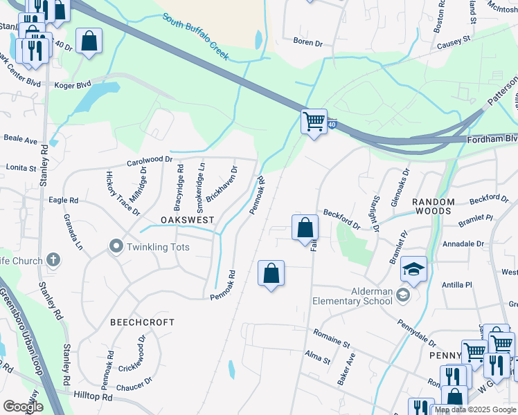 map of restaurants, bars, coffee shops, grocery stores, and more near 4617 Pennoak Road in Greensboro