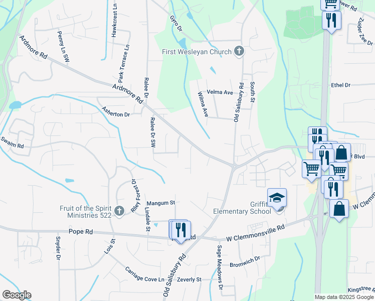 map of restaurants, bars, coffee shops, grocery stores, and more near 2035 Ardmore Village Lane in Winston-Salem