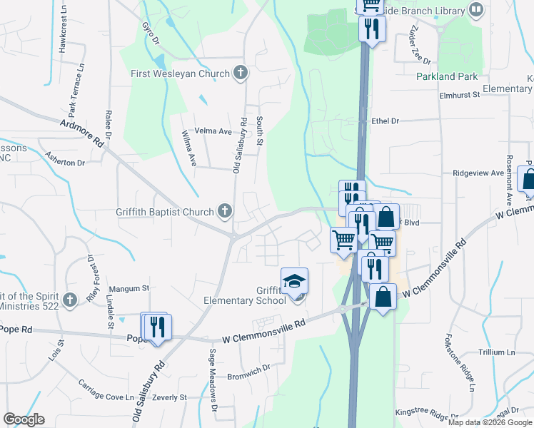 map of restaurants, bars, coffee shops, grocery stores, and more near 1305 Ashley Terrace in Winston-Salem