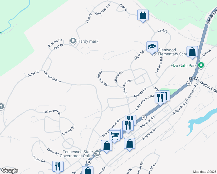 map of restaurants, bars, coffee shops, grocery stores, and more near 240 Alhambra Road in Oak Ridge