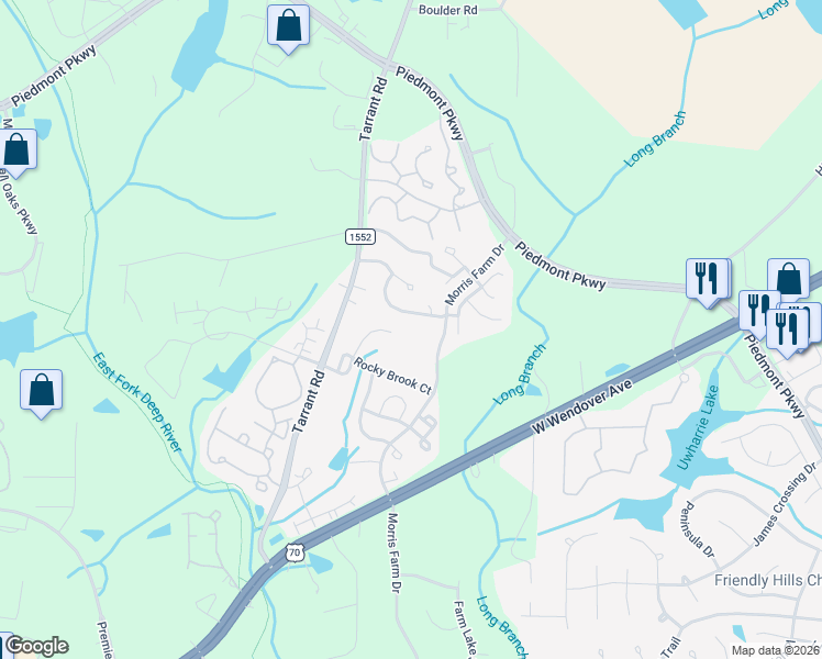 map of restaurants, bars, coffee shops, grocery stores, and more near 3725 Morris Farm Drive in Greensboro