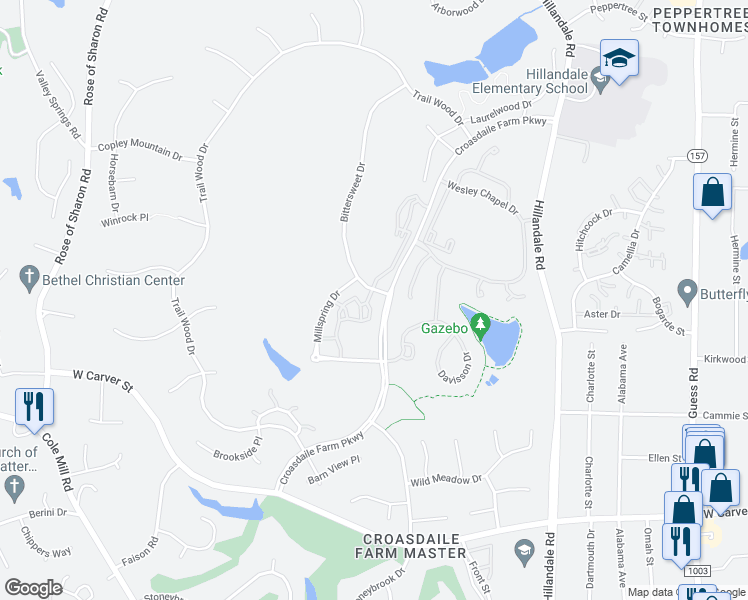 map of restaurants, bars, coffee shops, grocery stores, and more near 1000 Millspring Drive in Durham