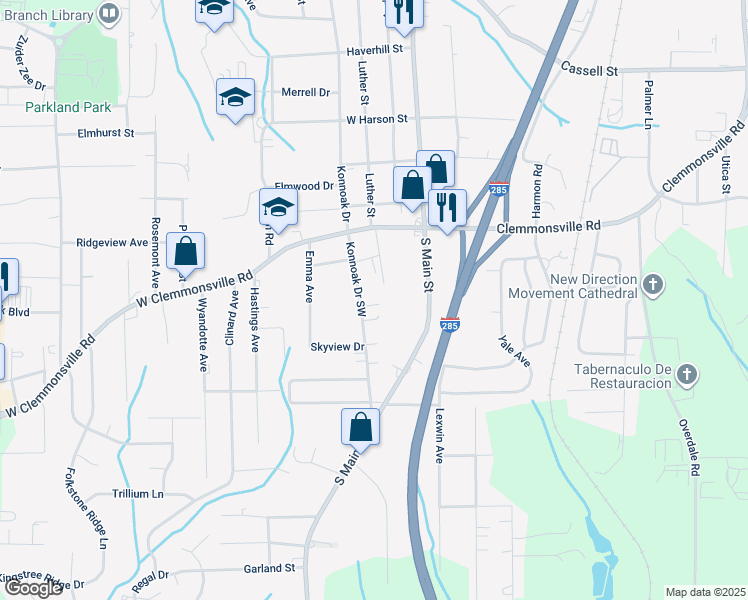 map of restaurants, bars, coffee shops, grocery stores, and more near 3703 Konnoak Drive in Winston-Salem