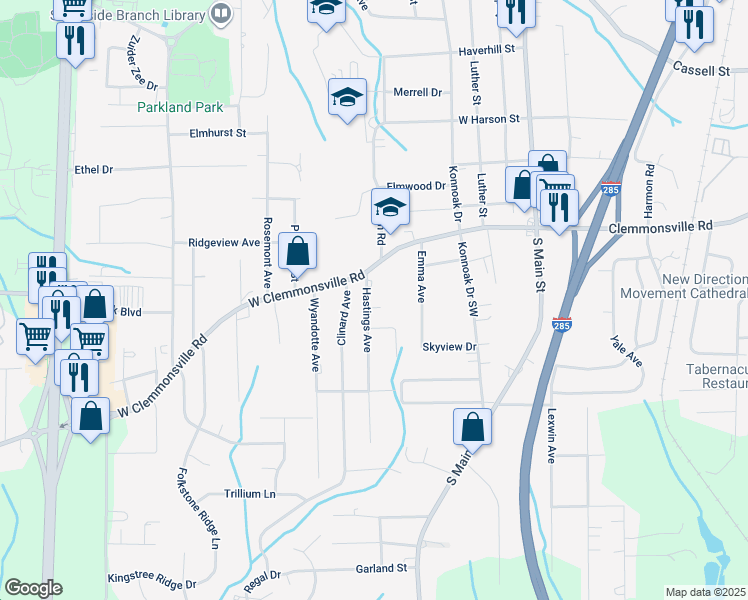 map of restaurants, bars, coffee shops, grocery stores, and more near 3623 Hastings Avenue in Winston-Salem