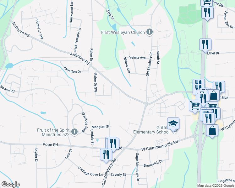 map of restaurants, bars, coffee shops, grocery stores, and more near 2035 Ardmore Village Lane in Winston-Salem