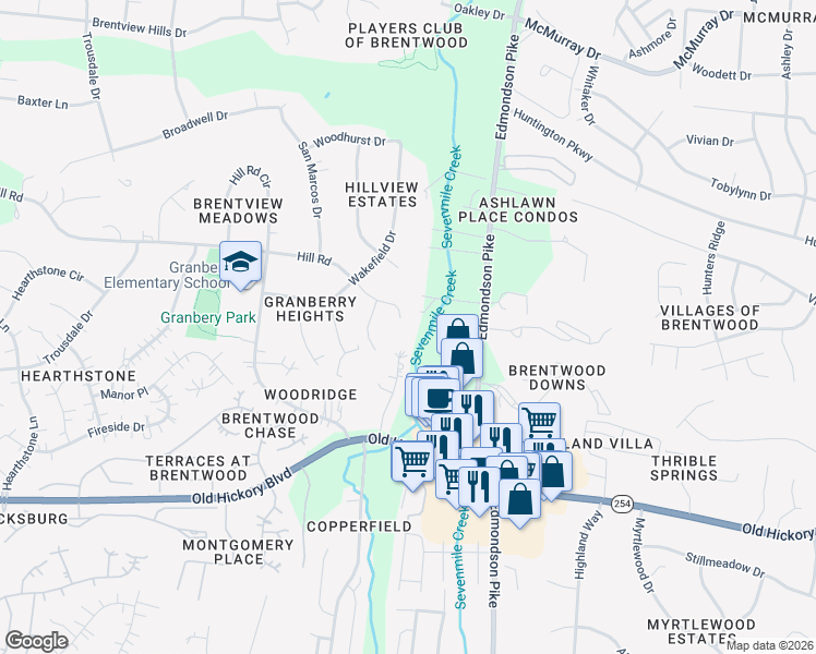 map of restaurants, bars, coffee shops, grocery stores, and more near 402 Hill Road in Nashville