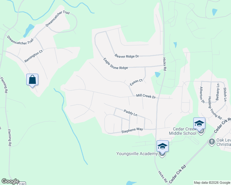 map of restaurants, bars, coffee shops, grocery stores, and more near 160 Mill Creek Drive in Youngsville