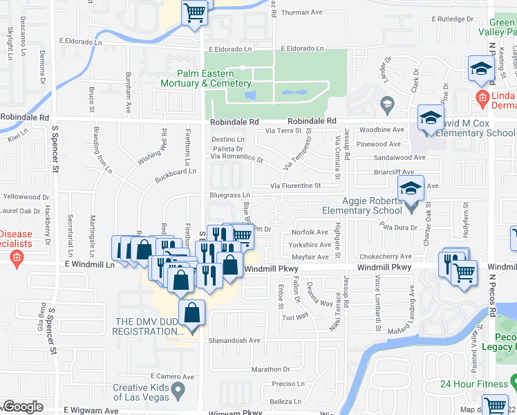 map of restaurants, bars, coffee shops, grocery stores, and more near 2881 Violet Lane in Henderson