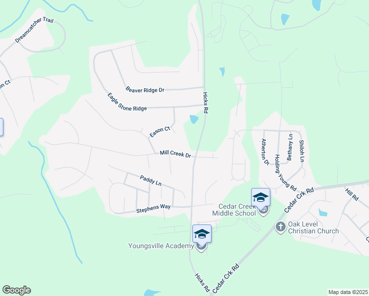 map of restaurants, bars, coffee shops, grocery stores, and more near 108 Mill Creek Drive in Youngsville